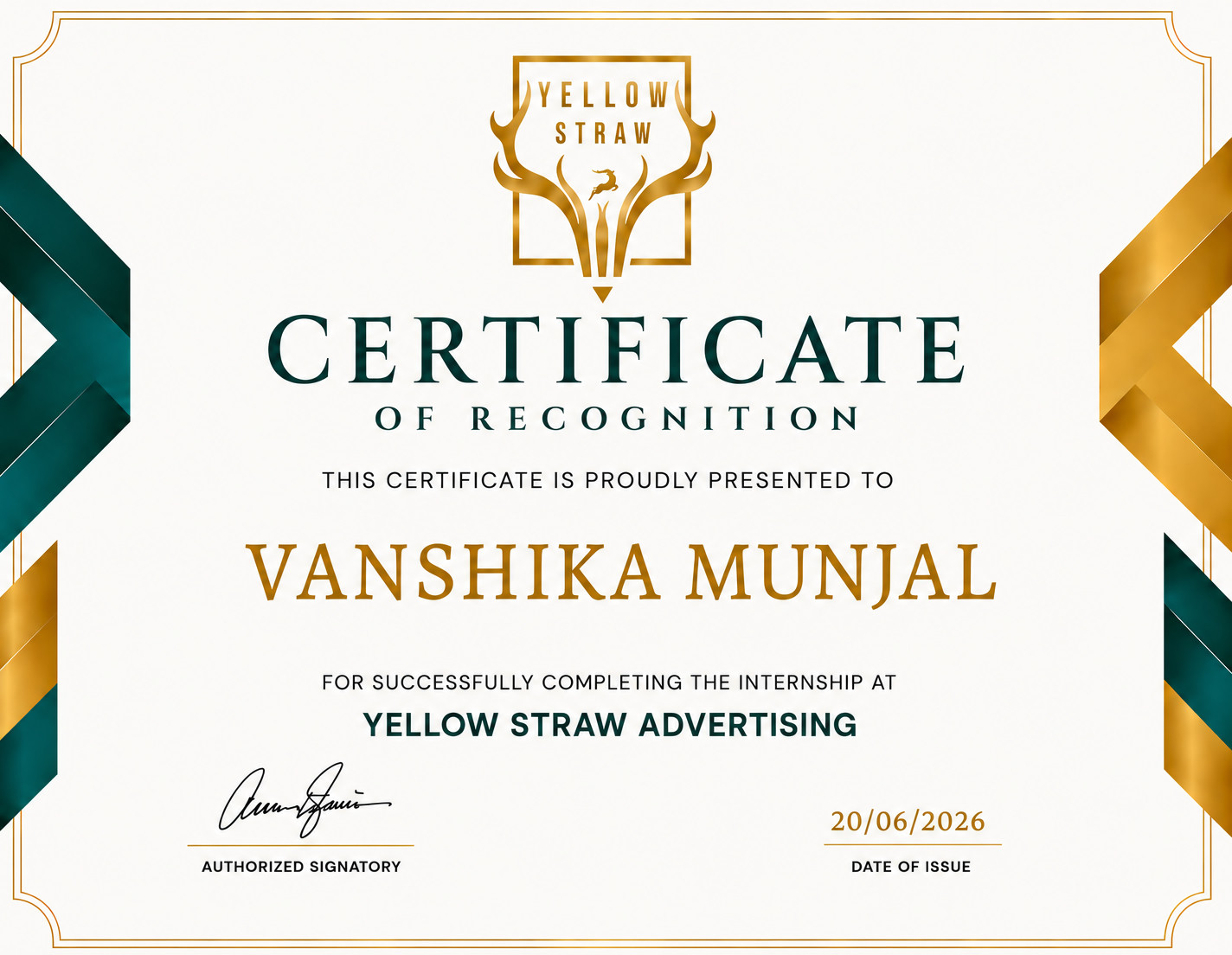 Certificate of Recognition presented to Vanshika Munjal by Yellow Straw Advertising, for successfully completing her internship, issued 20 June 2026