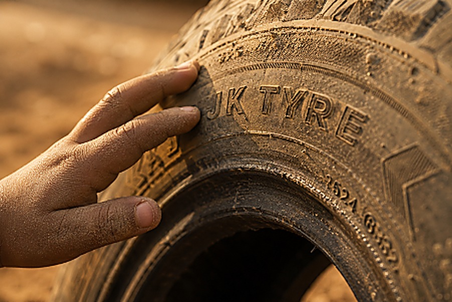 A child's hand touching the JK Tyre lettering on a tyre