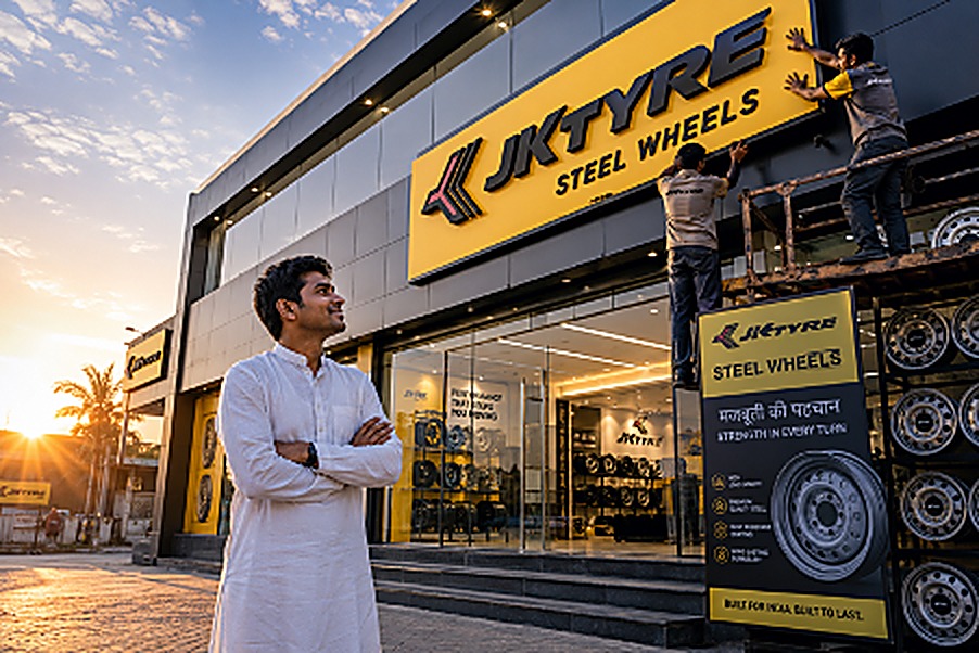 JK Tyre dealership storefront at sunset
